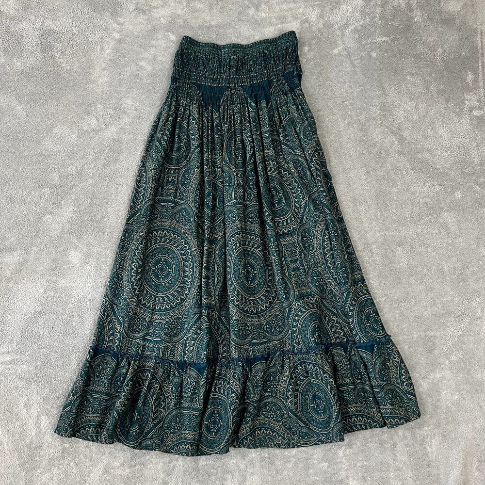 Paisley Smocked Tiered Maxi Skirt Womens XS/S Turqoise Boho Resort